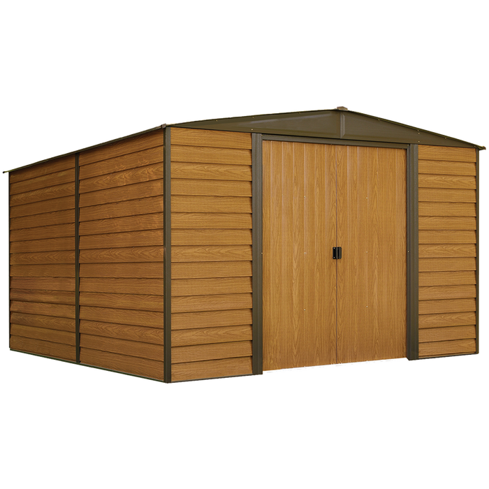 Arrow Woodridge Steel Shed In Coffee/Woodgrain